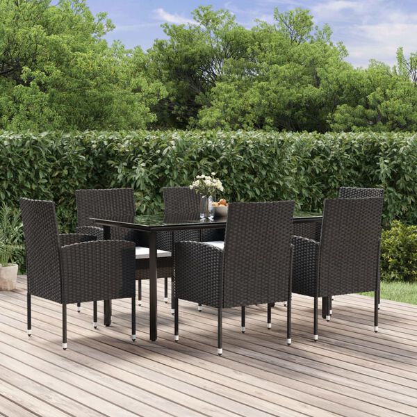 vidaXL 7-tlg. Garten-Essgruppe mit Kissen Schwarz Poly Rattan