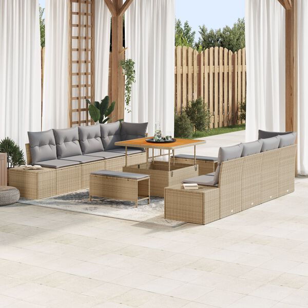 vidaXL Gartensofa-set mit Kissen mit Speicher 11 pcs Beige Poly Rattan