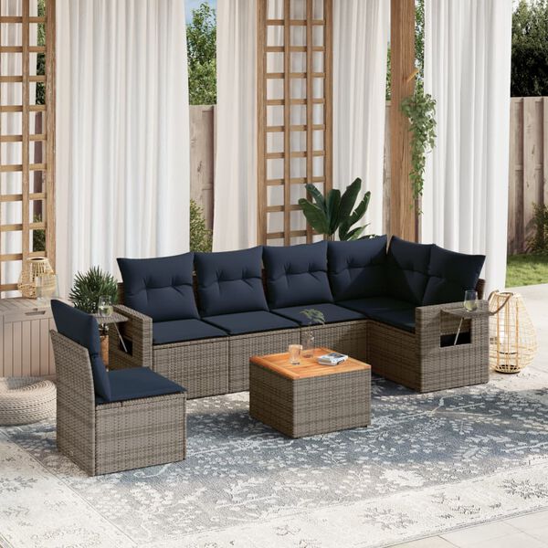 vidaXL 7-teiliges Gartensofa-Set mit Kissen, grau, Polyrattan
