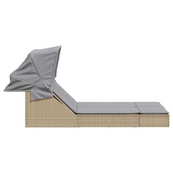 vidaXL Doppel-Sonnenliege mit Dach und Auflagen Beige Poly Rattan