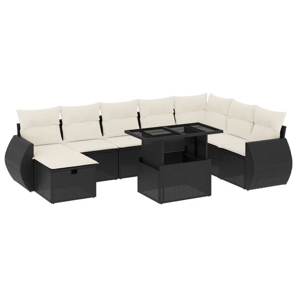 vidaXL 9-tlg. Garten-Sofagarnitur mit Kissen Schwarz Poly Rattan