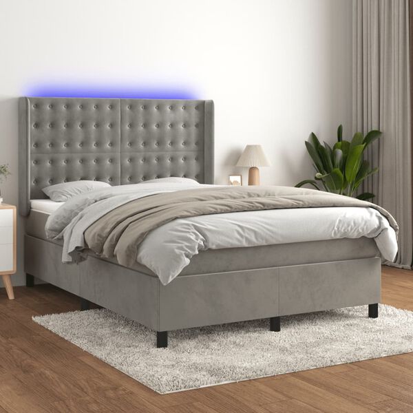 vidaXL Boxspringbett mit Matratze & LED Hellgrau 140x190 cm Samt