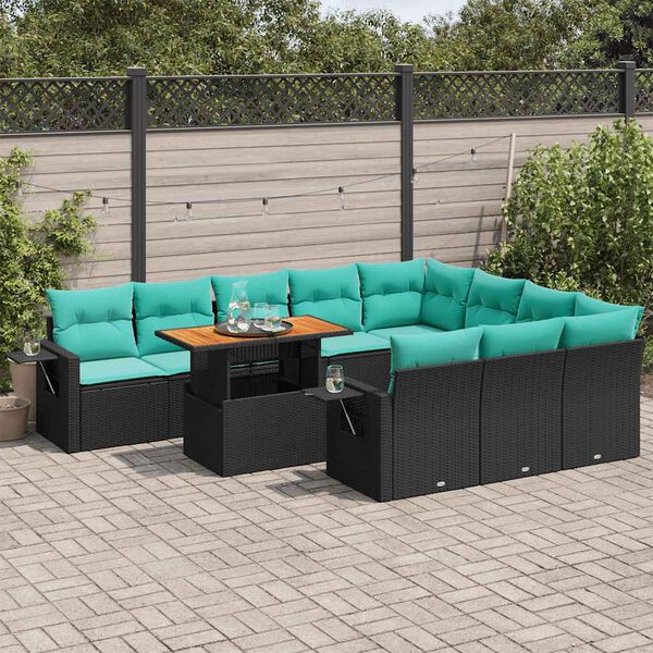 vidaXL 11-tlg. Garten-Sofagarnitur mit Kissen Schwarz Poly Rattan