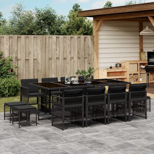 vidaXL 13-tlg. Garten-Essgruppe mit Kissen Schwarz Poly Rattan