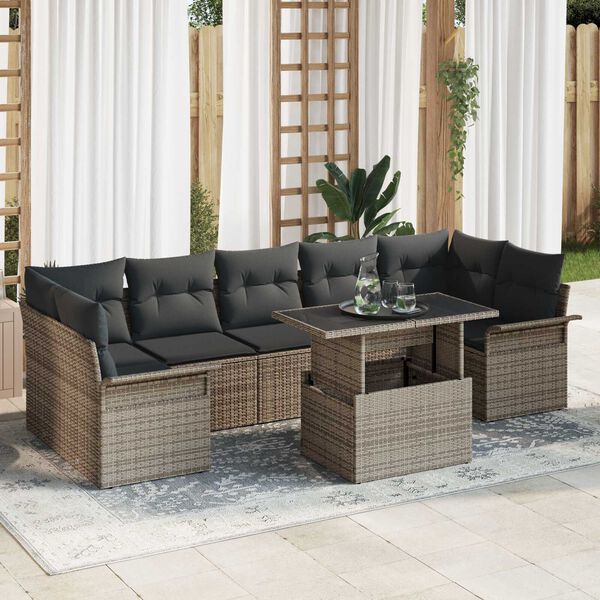 vidaXL Garten-Sofa-Set mit Kissen mit Speicher 8 pcs Grau Poly Rattan