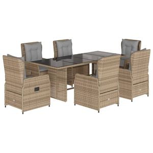 vidaXL 7-tlg. Garten-Essgruppe mit Kissen Beige Poly Rattan