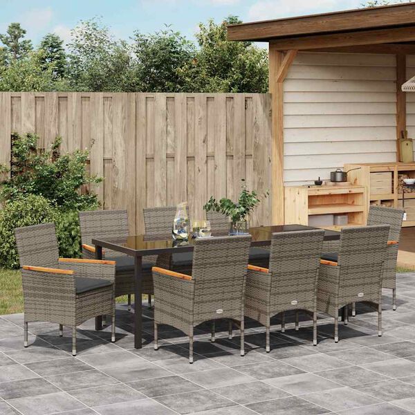 vidaXL Garten Essgruppe mit Kissen 9 pcs Grau Poly-Rattan