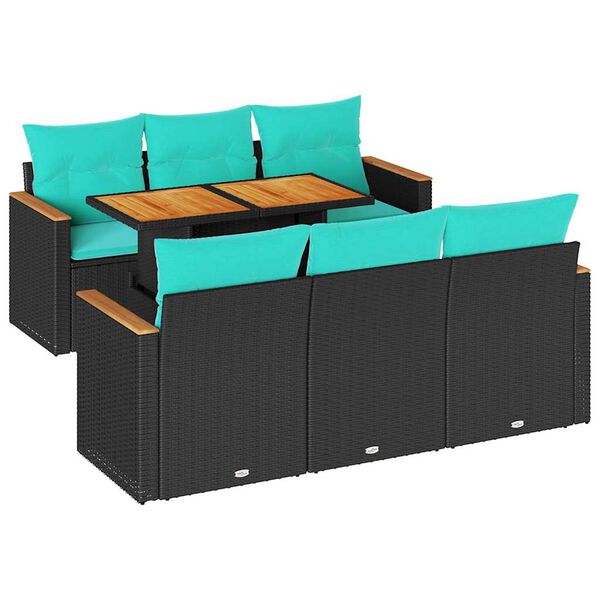 vidaXL 7-tlg. Garten-Sofagarnitur mit Kissen Schwarz Poly Rattan