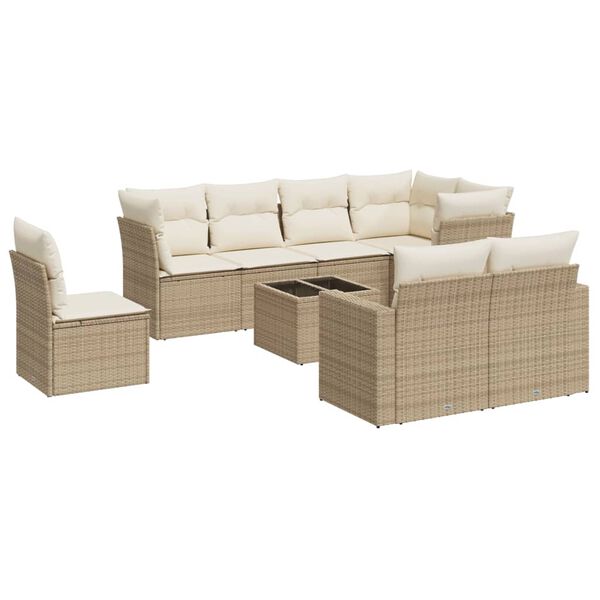 vidaXL 9-tlg. Garten-Sofagarnitur mit Kissen Beige Poly Rattan