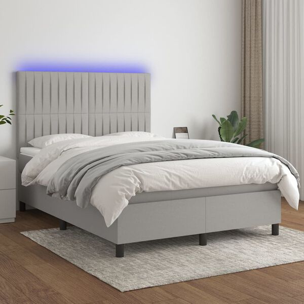 vidaXL Boxspringbett mit Matratze & LED Hellgrau 140x200 cm Stoff