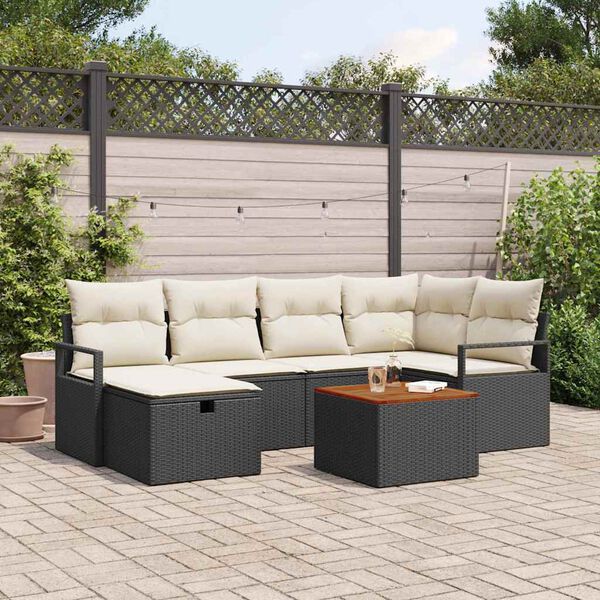 vidaXL Garten-Sofa-Set mit Kissen 7 pcs Schwarz Poly Rattan