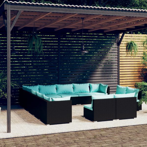 vidaXL 13-tlg. Garten-Lounge-Set mit Kissen Schwarz Poly Rattan