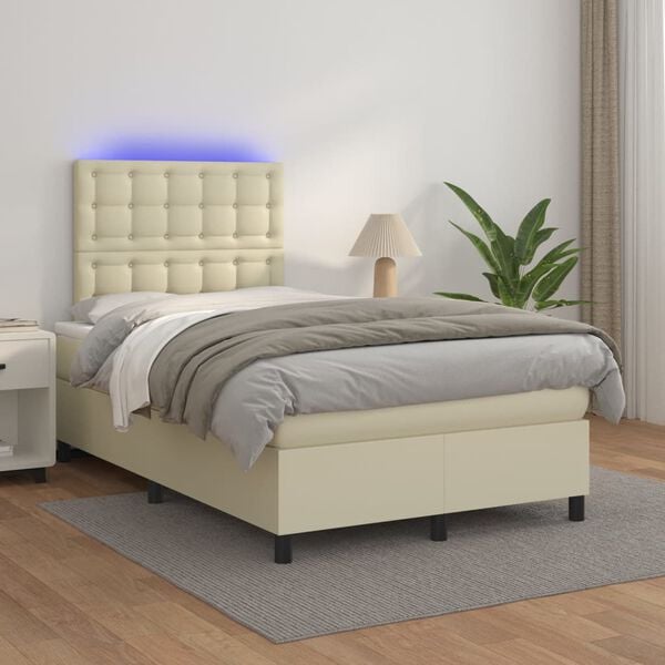 vidaXL Boxspringbett mit Matratze & LED Creme 120x200 cm Kunstleder