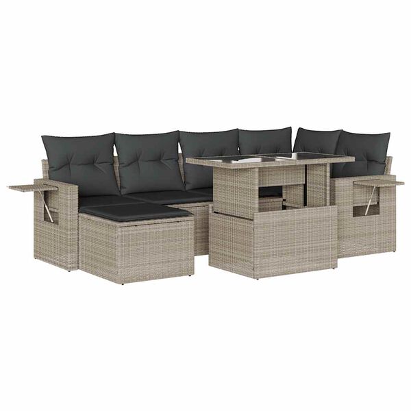 vidaXL 7-tlg. Garten-Sofagarnitur mit Kissen Hellgrau Poly Rattan