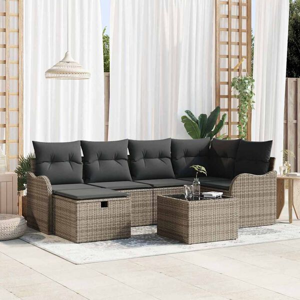 vidaXL Garten-Sofa-Set mit Kissen mit Speicher 7 pcs Grau Poly Rattan