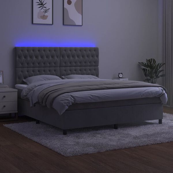 vidaXL Boxspringbett mit Matratze & LED Hellgrau 160x200 cm Samt