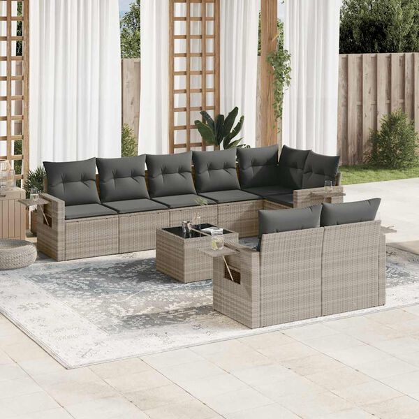 vidaXL 9-tlg. Garten-Sofagarnitur mit Kissen Hellgrau Poly Rattan