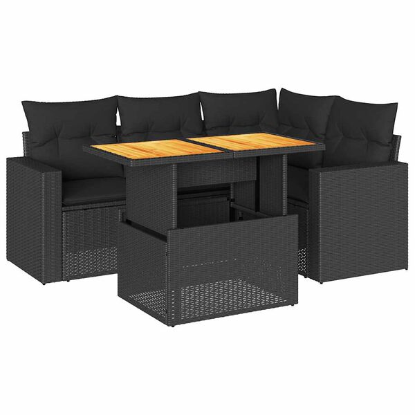 vidaXL 5-tlg. Garten-Sofagarnitur mit Kissen Schwarz Poly Rattan