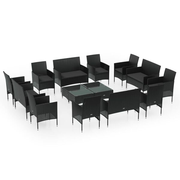 vidaXL 16-tlg. Garten-Lounge-Set mit Auflagen Poly Rattan Schwarz