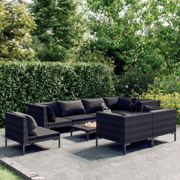 vidaXL 9-tlg. Garten-Lounge-Set mit Kissen Poly Rattan Dunkelgrau