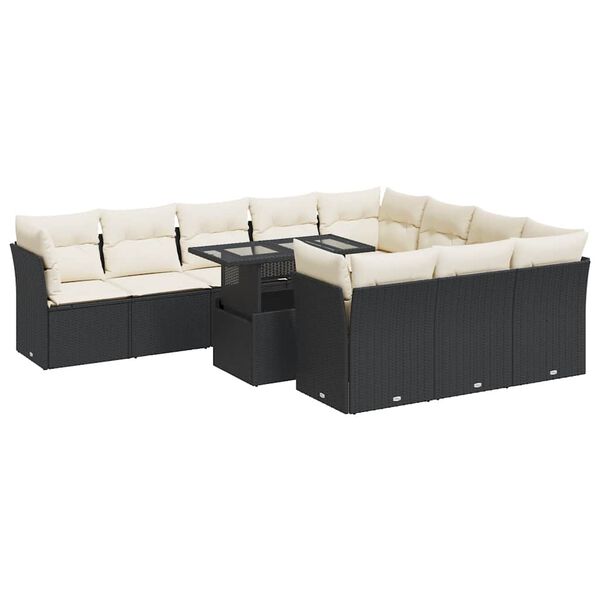 vidaXL 11-tlg. Garten-Sofagarnitur mit Kissen Schwarz Poly Rattan