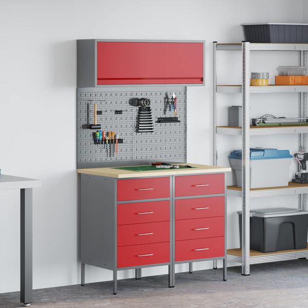 vidaXL Arbeitsschrankset mit Schubladen mit Regal 5 pcs Rot