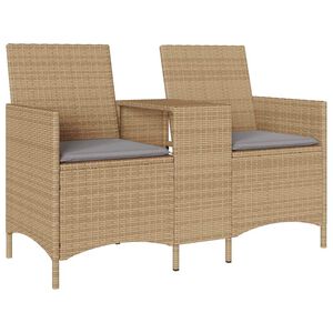 vidaXL Gartensofa 2-Sitzer mit Tisch und Kissen Beige Poly Rattan