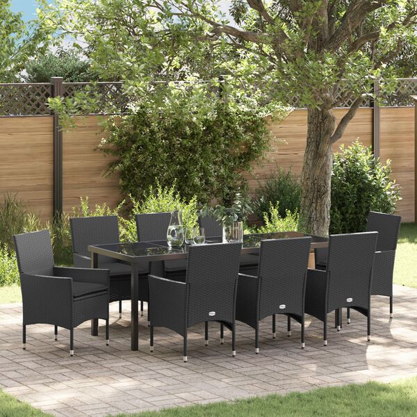 vidaXL Garten Essgruppe mit Kissen 9 pcs Schwarz Poly-Rattan