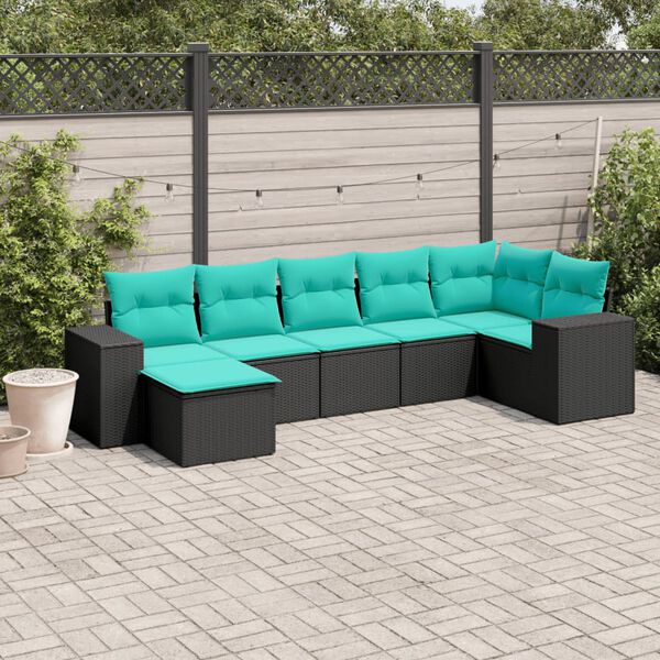 vidaXL 7-teiliges Gartensofa-Set mit Kissen, schwarzes Polyrattan
