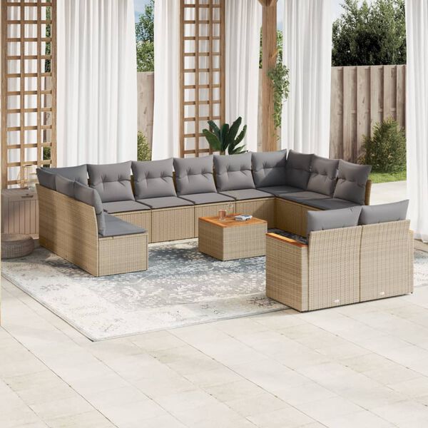 vidaXL 13-tlg. Garten-Sofagarnitur mit Kissen Beige Poly Rattan