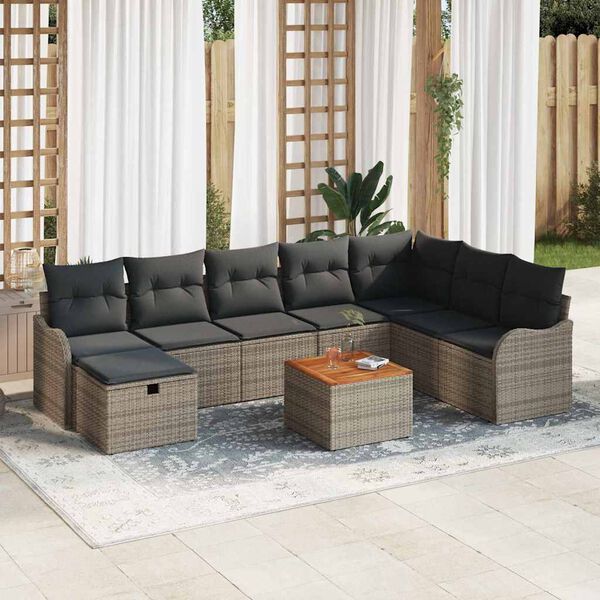 vidaXL Garten-Sofa-Set mit Kissen mit Speicher 9 pcs Grau Poly Rattan