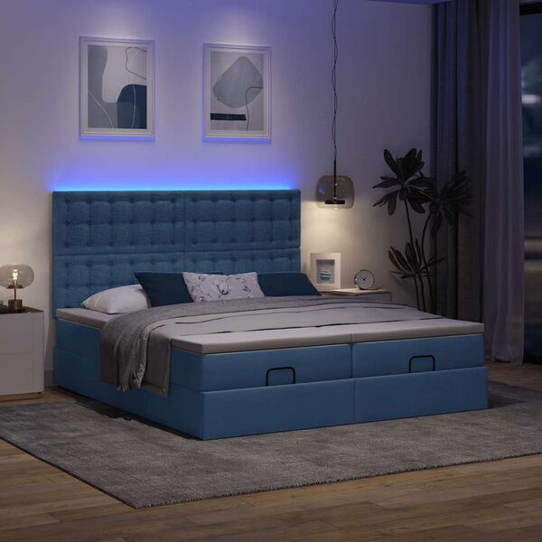 vidaXL Ottoman-Bett mit Matratzen & LEDs Blau 200x200 cm Stoff