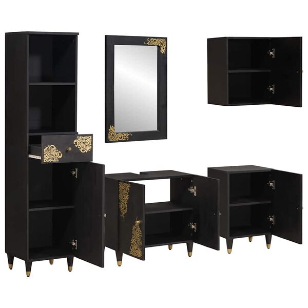 vidaXL Badezimmerschrank-Set mit T&uuml;r 5 pcs Schwarz Massivholz Mango