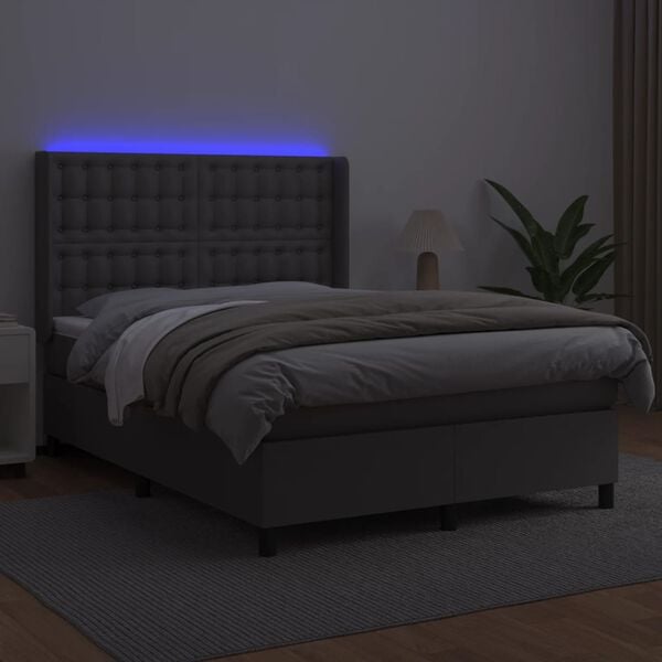 vidaXL Boxspringbett mit Matratze & LED Grau 140x200 cm Kunstleder