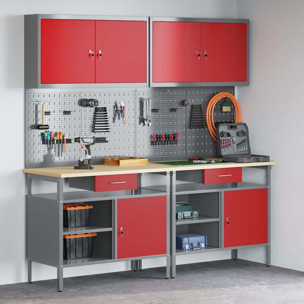 vidaXL Werkbank-Set mit Schubladen 8 pcs Rot Pulverbeschichteter Stahl