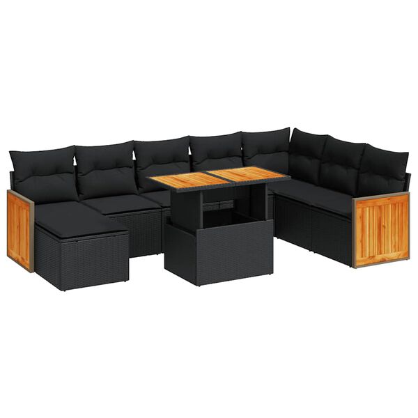 vidaXL 9-tlg. Garten-Sofagarnitur mit Kissen Schwarz Poly Rattan