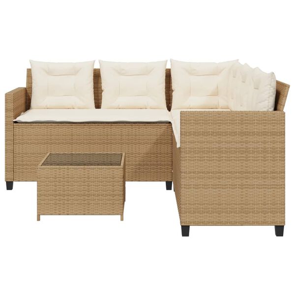 vidaXL Gartensofa in L-Form mit Tisch und Kissen Beige Poly Rattan