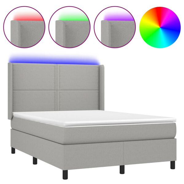 vidaXL Boxspringbett mit Matratze & LED Hellgrau 140x190 cm Stoff