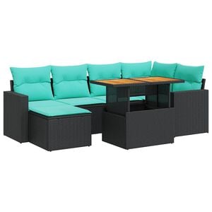 vidaXL 7-tlg. Garten-Sofagarnitur mit Kissen Schwarz Poly Rattan