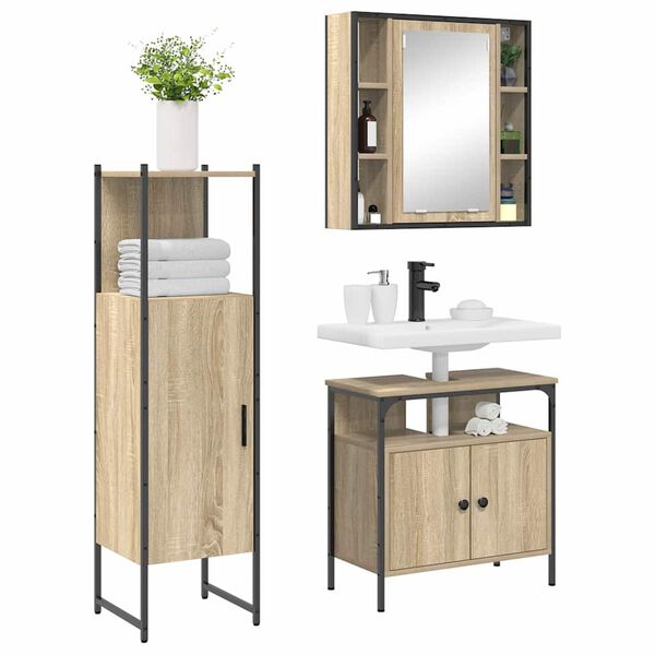 vidaXL Badezimmerm&ouml;bel-Set mit Regal mit T&uuml;r 3 pcs Braun Holzwerkstoff