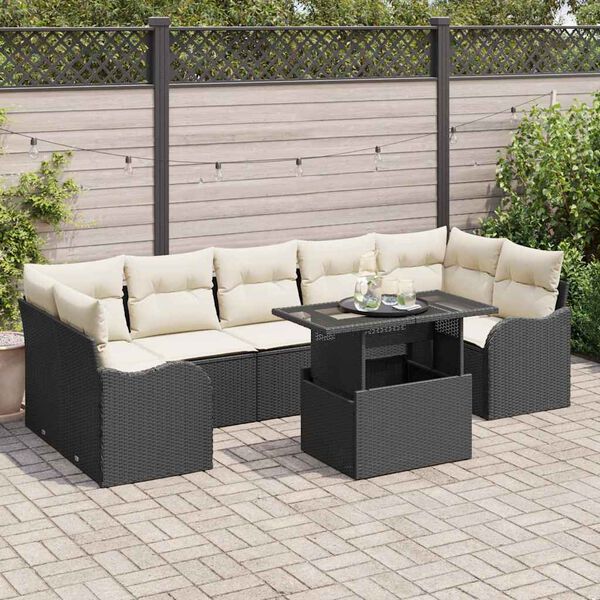 vidaXL Garten-Sofa-Set mit Kissen mit Kissen 8 pcs Schwarz Poly Rattan