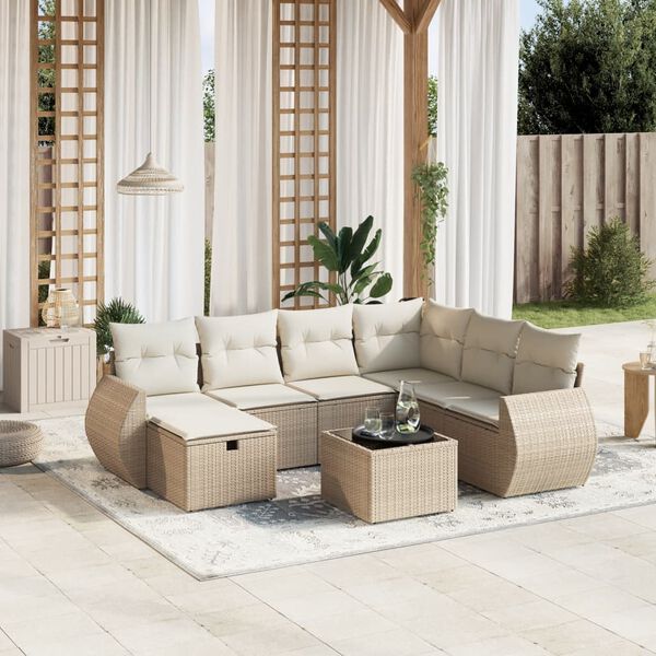 vidaXL 8-tlg. Garten-Sofagarnitur mit Kissen Beige Poly Rattan