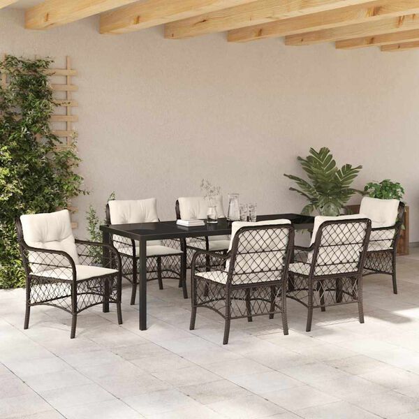 vidaXL Garten Essgruppe mit Kissen 7 pcs Braun Poly-Rattan