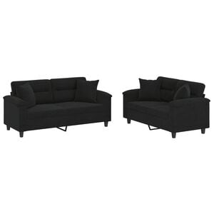 vidaXL 2-tlg. Sofagarnitur mit Kissen Schwarz Mikrofasergewebe