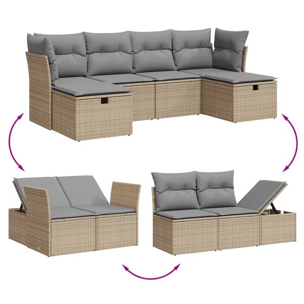vidaXL 6-tlg. Garten-Sofagarnitur mit Kissen Beige Poly Rattan