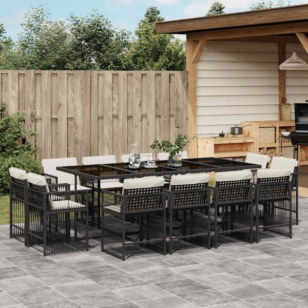 vidaXL 13-tlg. Garten-Essgruppe mit Kissen Schwarz Poly Rattan