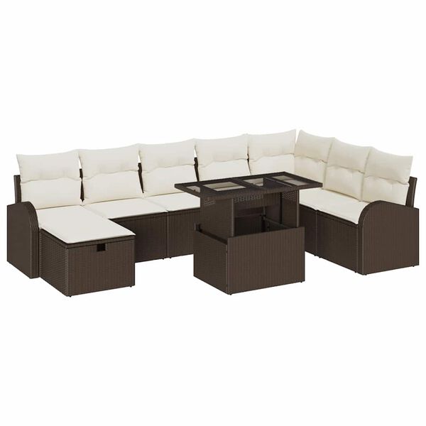 vidaXL Garten-Sofa-Set mit Kissen mit Speicher 9 pcs Braun Poly Rattan