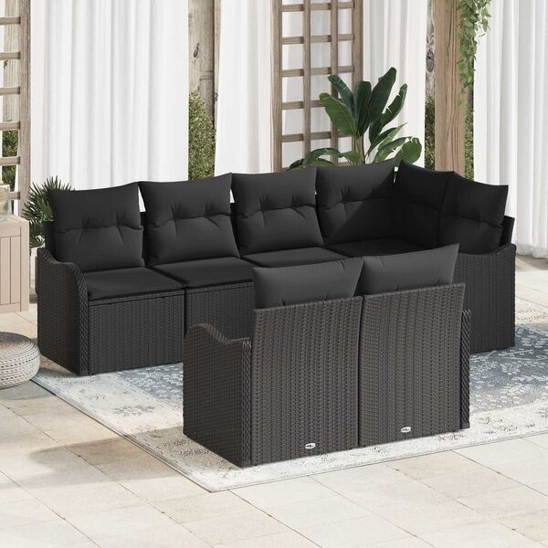 vidaXL Garten-Sofa-Set mit Kissen 7 pcs Schwarz Poly Rattan