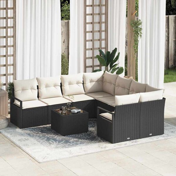 vidaXL Sofa Set mit Kissen 9 pcs Schwarz und Creme Poly-Rattan