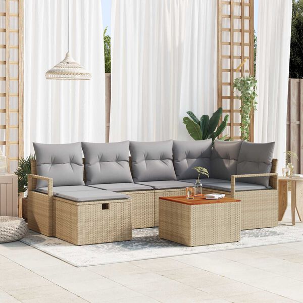 vidaXL Garten-Sofa-Set mit Kissen mit Speicher 7 pcs Beige Poly Rattan